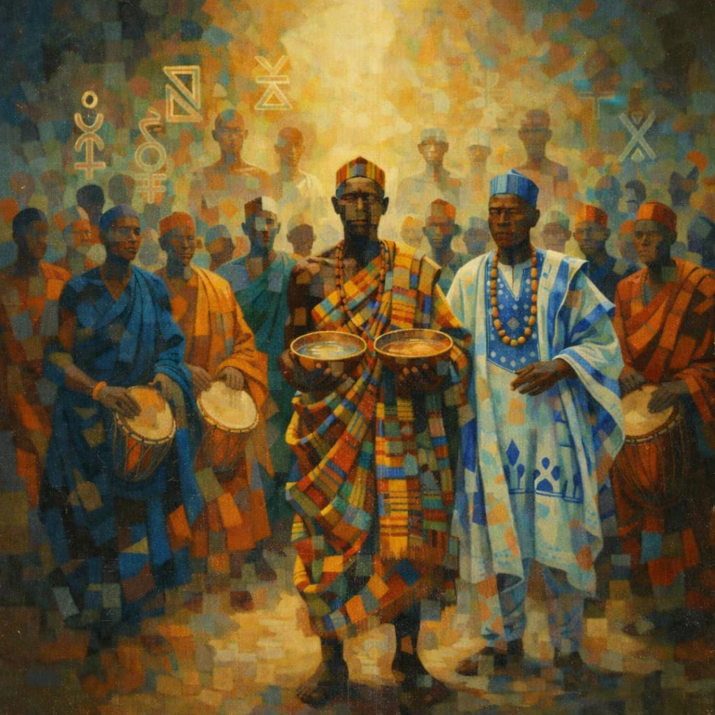 A gathering in colourful Ghanaian ceremonial dress, surrounded by symbolic motifs