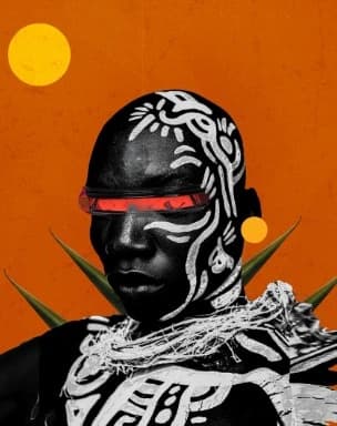 Future Heir: a monochrome portrait with white markings against an orange backdrop