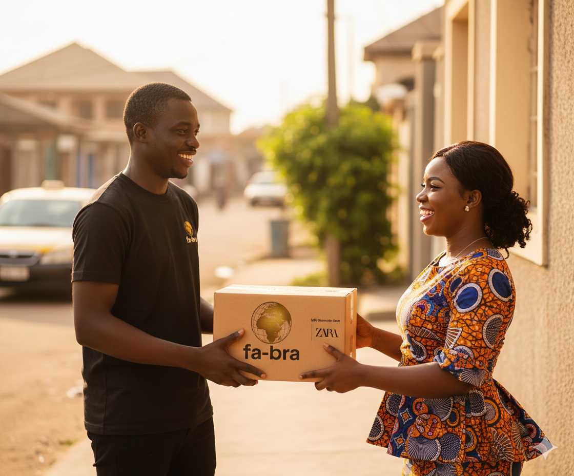 A Fa-Bra courier handing a parcel to a customer