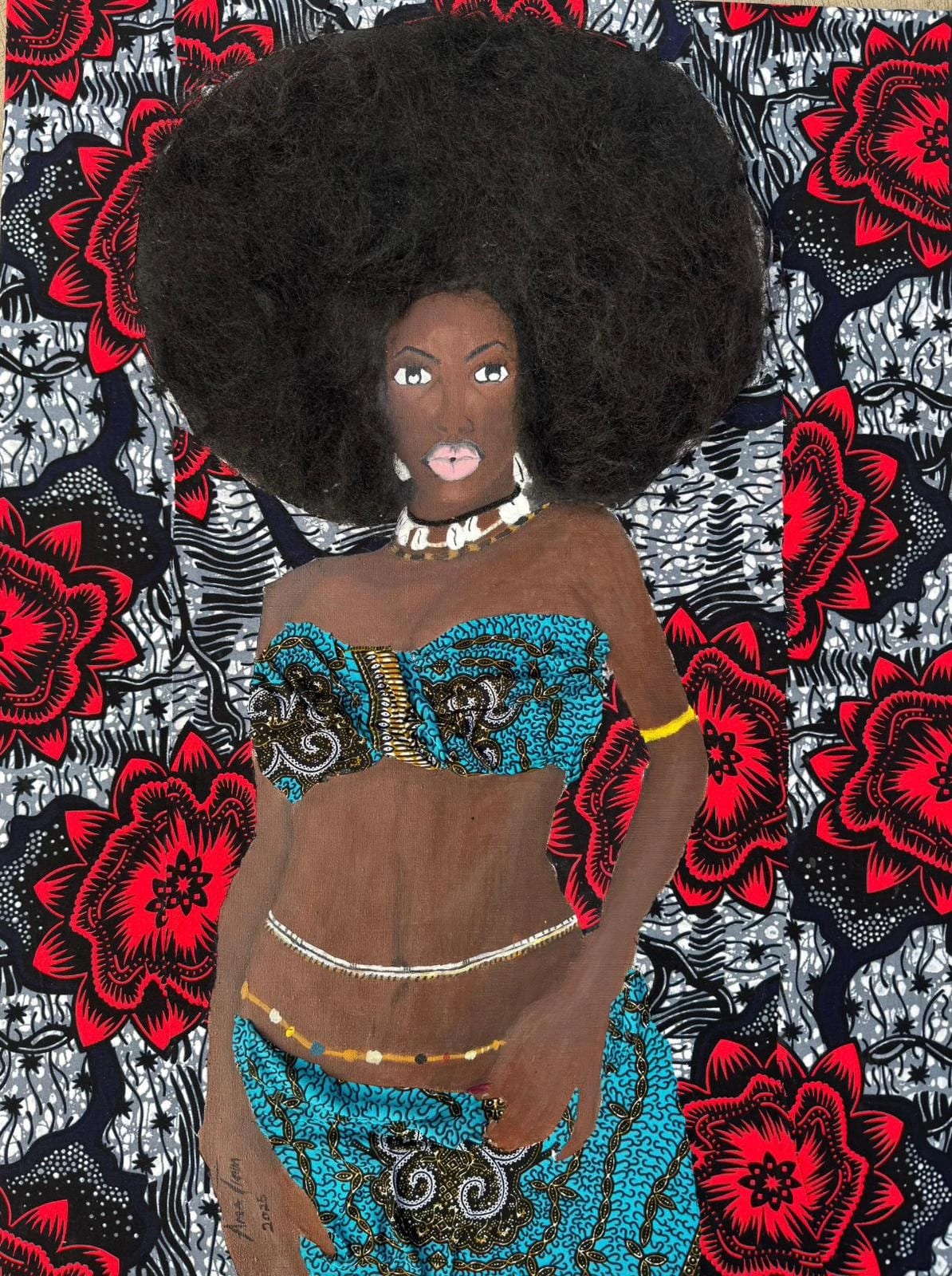 African Pride: a woman with textured afro hair and blue patterned clothing against red and black fabric