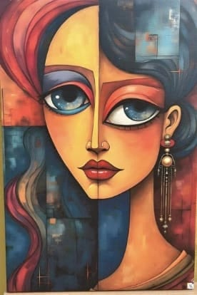 Focus: an abstract portrait in warm red, yellow and blue tones