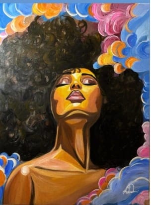 Moment’s Breath: a woman looking upward amid colourful swirling clouds