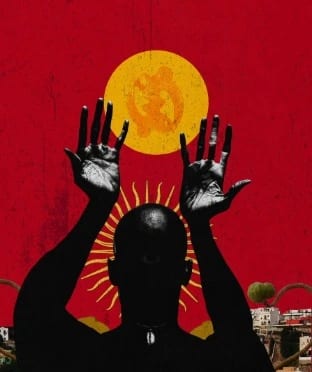 The Seeing Spirit: a silhouetted figure with raised hands beneath a golden sun on red