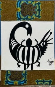 A black Sankofa bird motif framed by patterned fabric