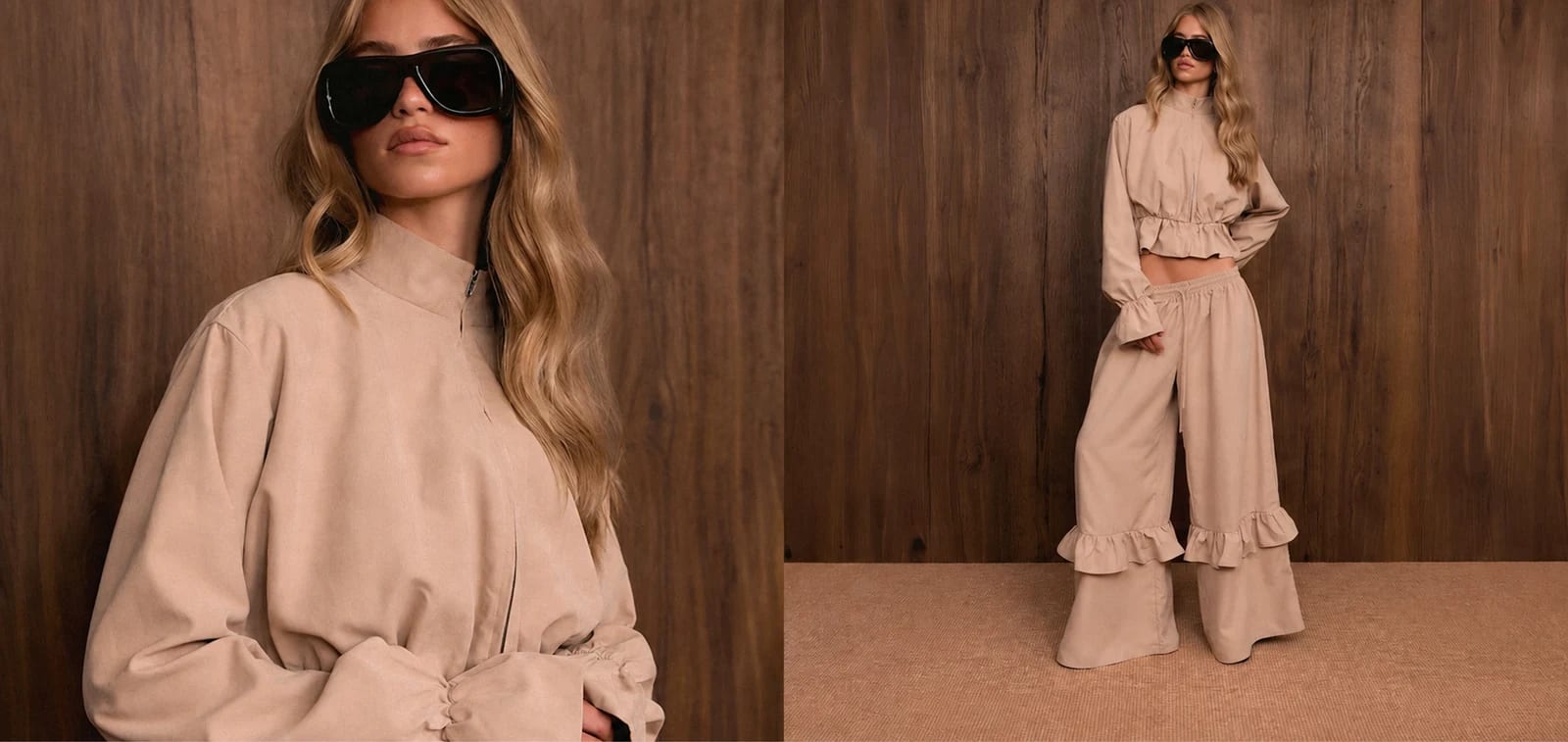 PrettyLittleThing beige cropped jacket and wide-leg trousers