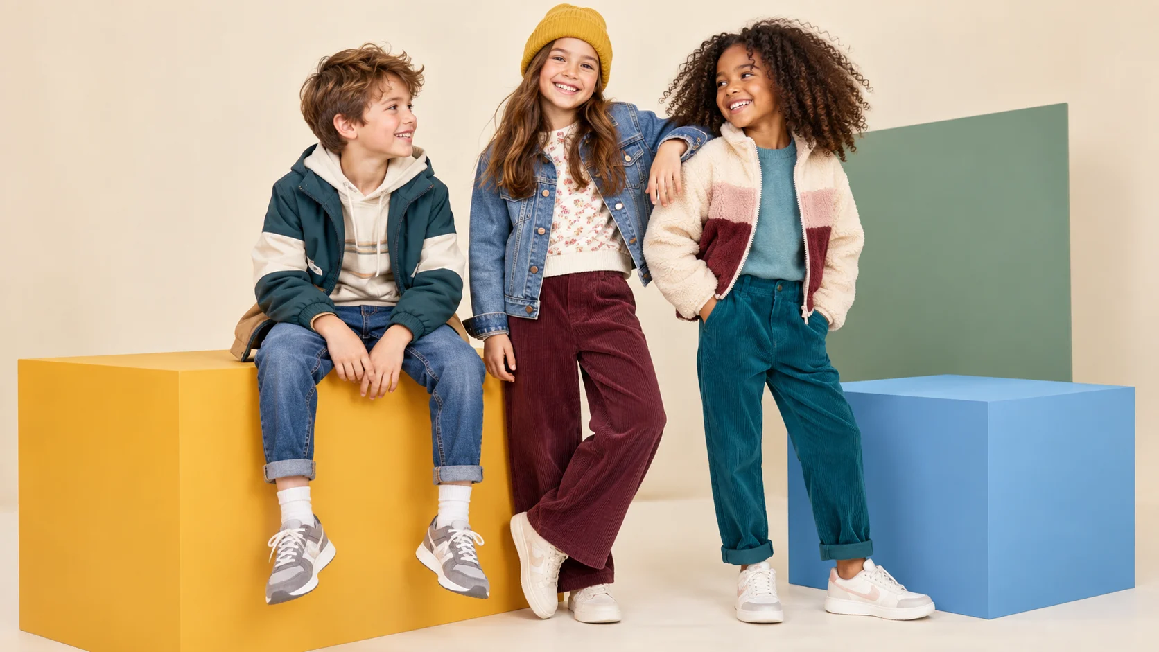 Three children wearing colourful casual fashion in a bright studio