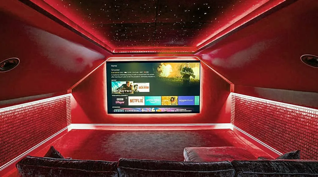 Richer Sounds home cinema with red theatre seating