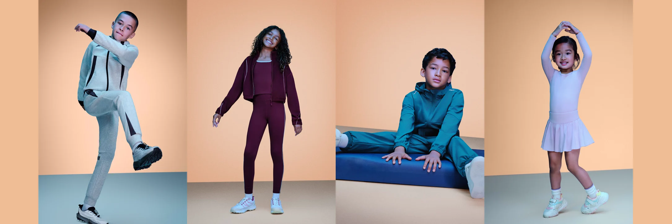 Four children modelling Primark activewear in grey, burgundy, teal and lilac