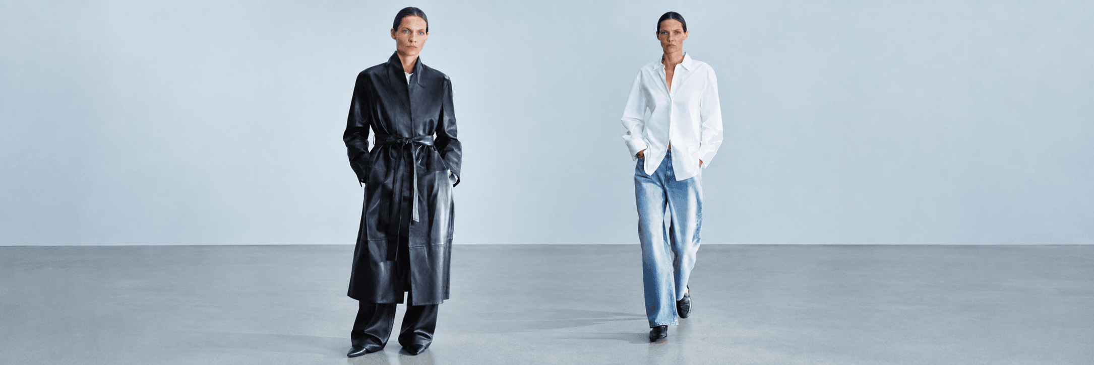 Zara campaign featuring models in a black leather coat and pale denim