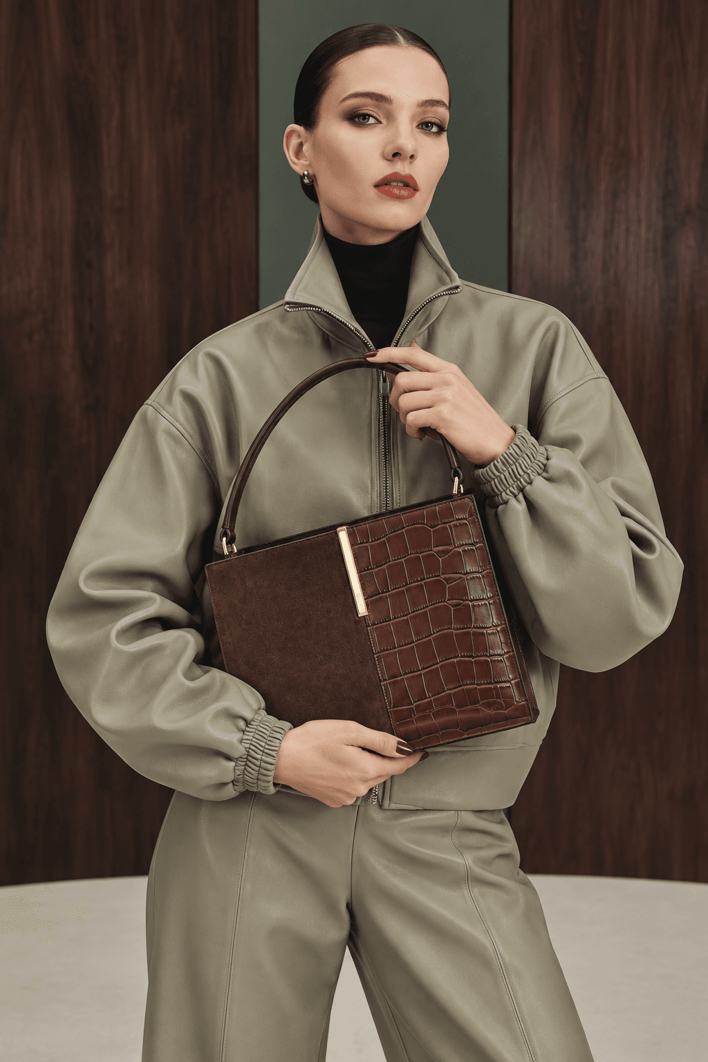 Chocolate suede and croc-embossed handbag editorial