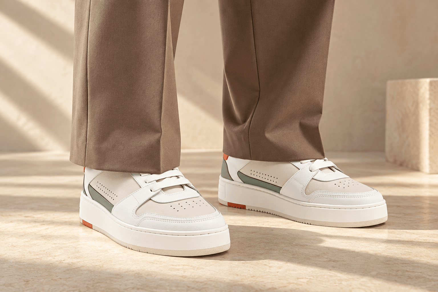 White leather trainers worn with tailored trousers