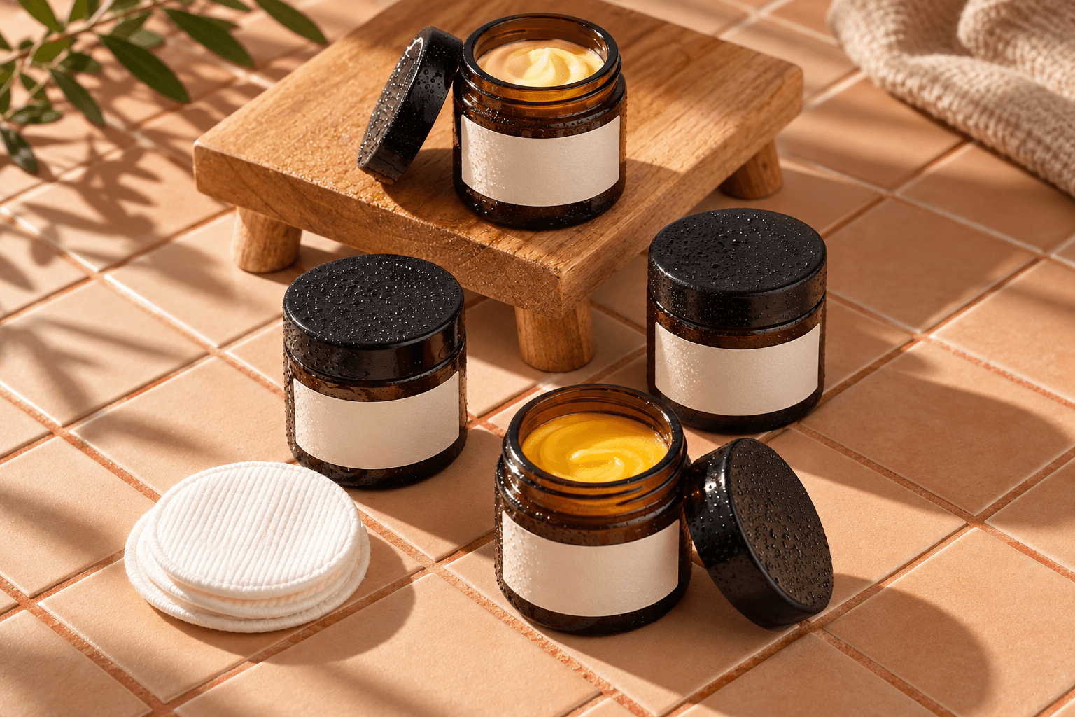 Amber skincare jars on warm terracotta tiles