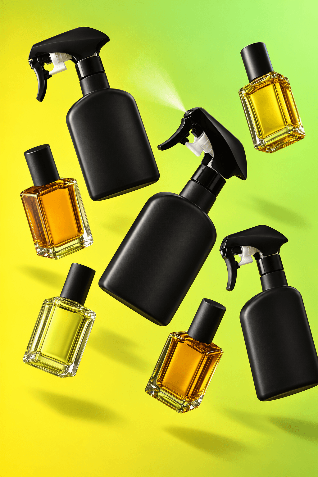 Body mists and perfumes on a vivid lime backdrop