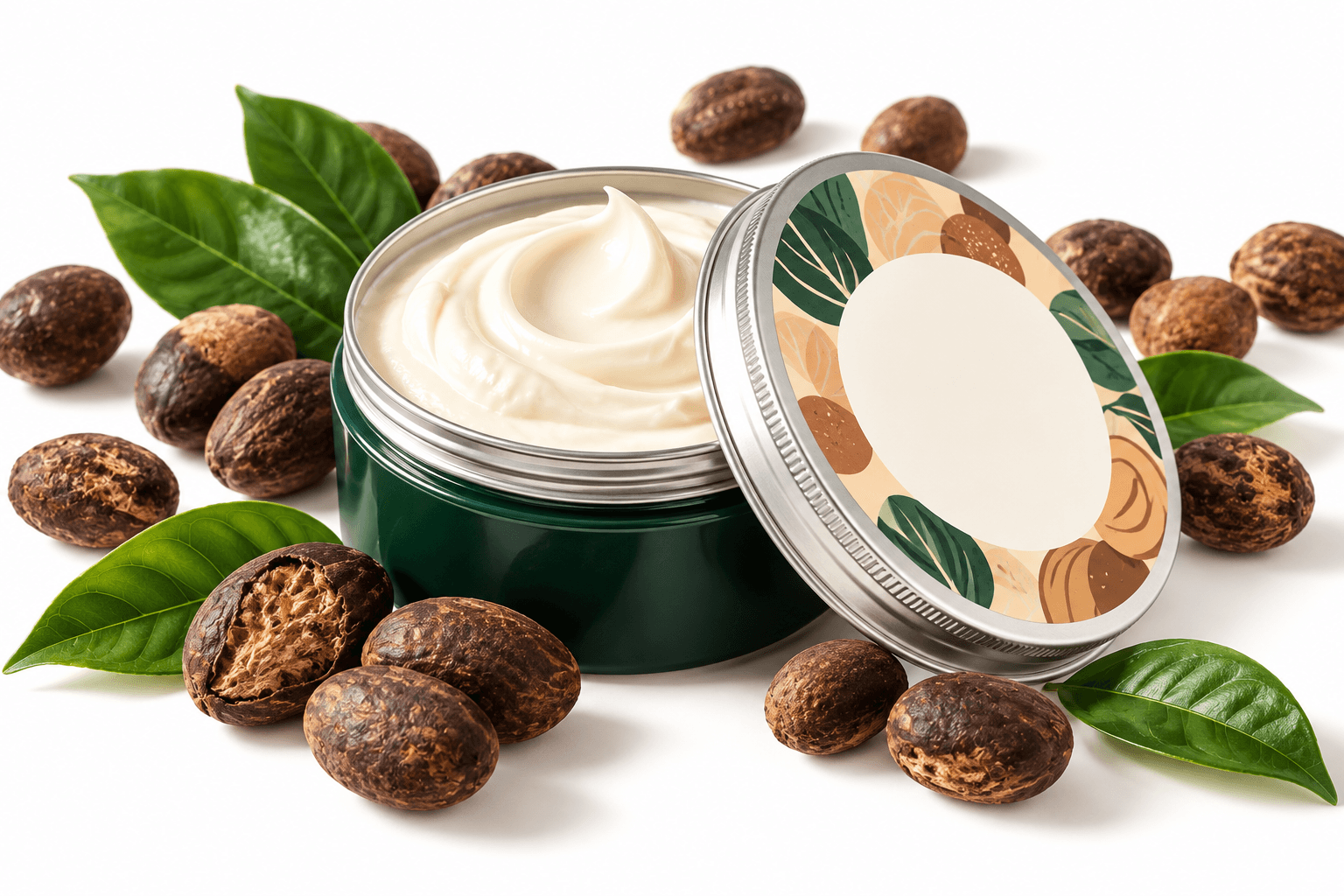 Shea body butter with nuts and green leaves