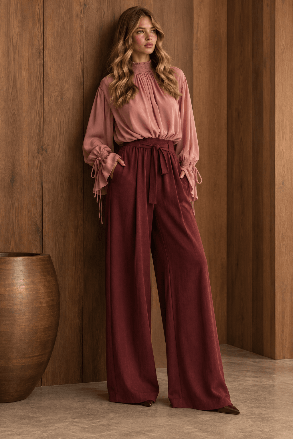 PrettyLittleThing rose and burgundy fashion editorial