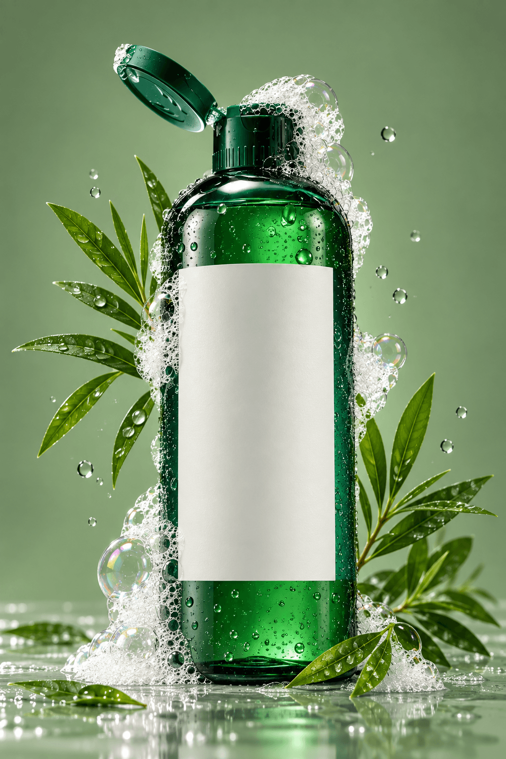 Green facial cleanser with tea-tree leaves and bubbles