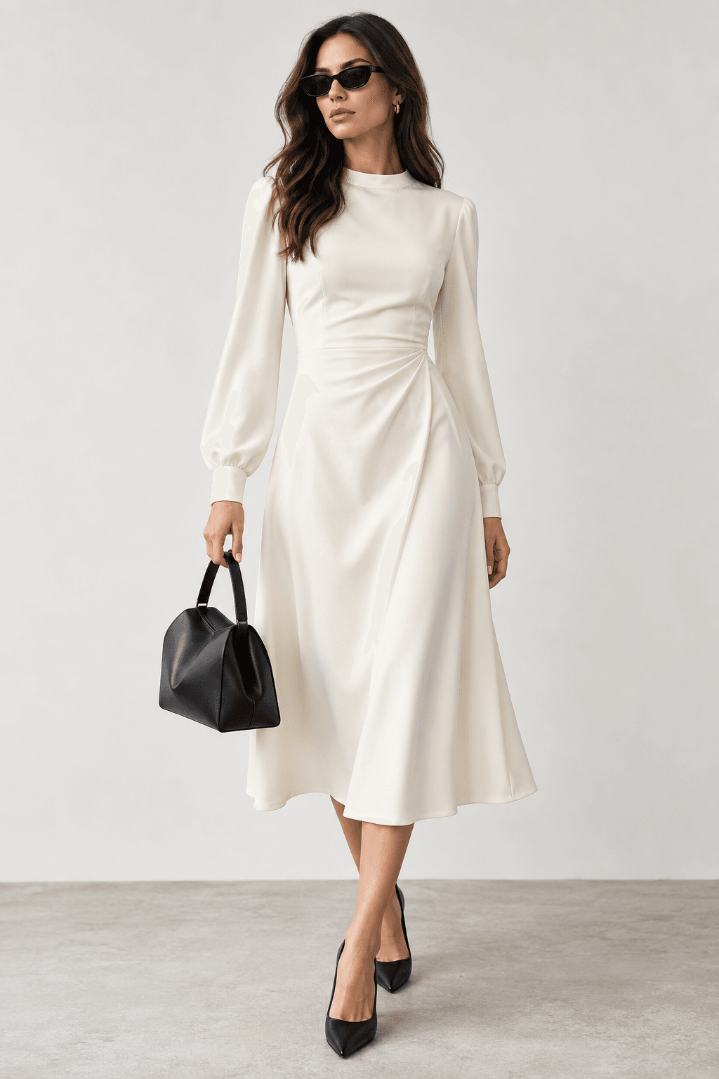 Boohoo ivory dress and black accessories editorial