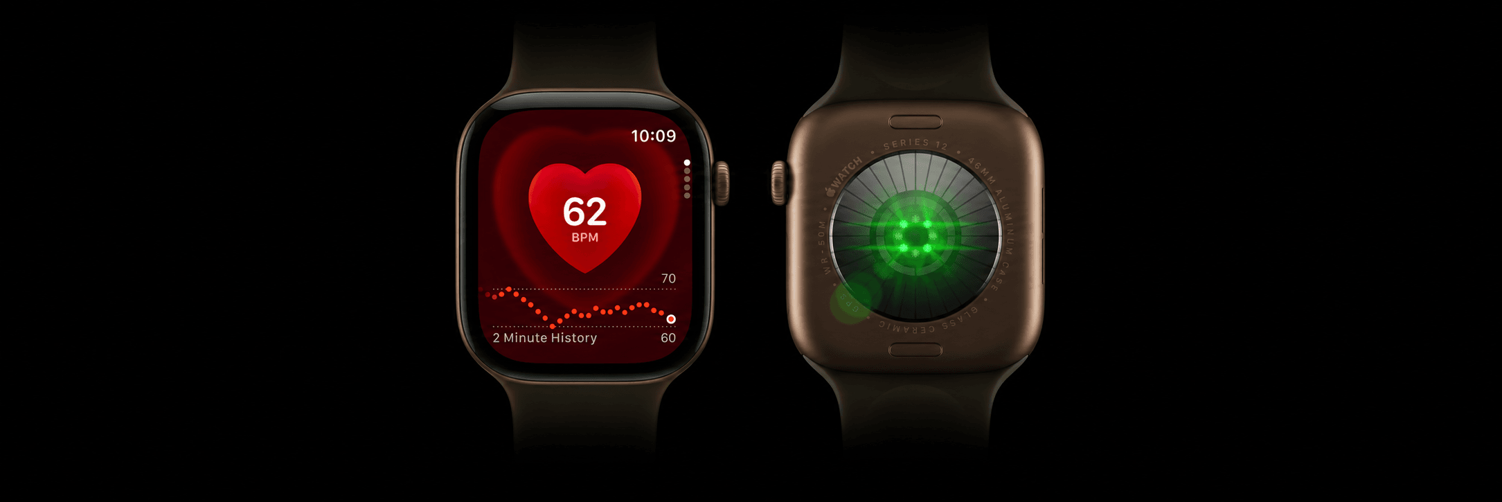 Two Apple Watch models showing heart rate and the sensor array